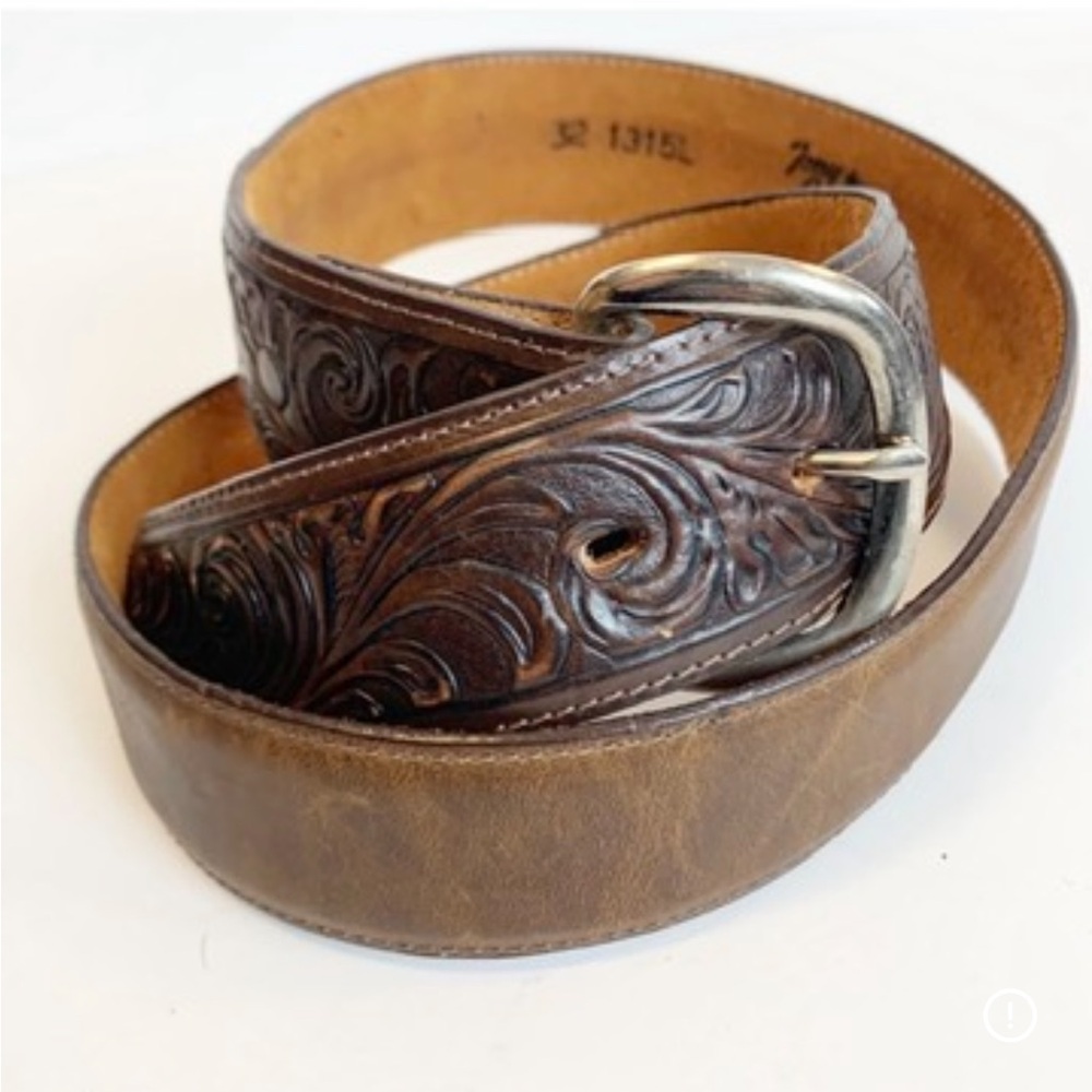 Brown Embossed Leather Belt with Silver Buckle